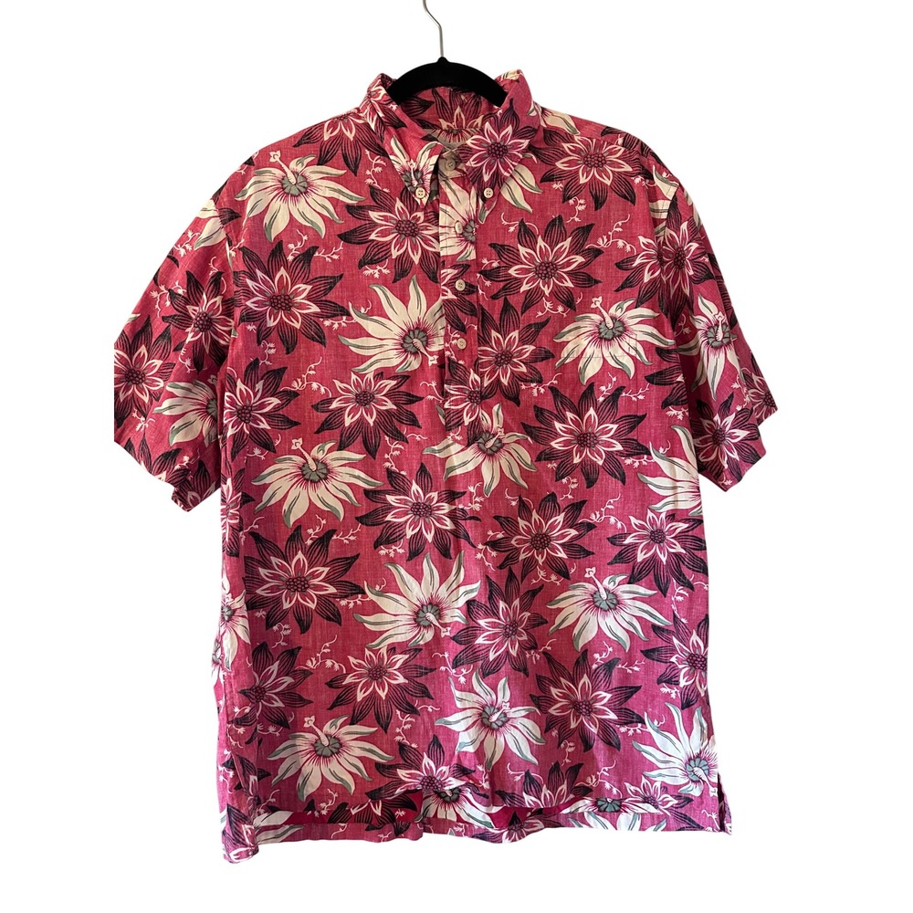 Reyn Spooner Hawaiian Shirt Men's L Red Floral‎ Short Sleeve Popover Cotton VTG